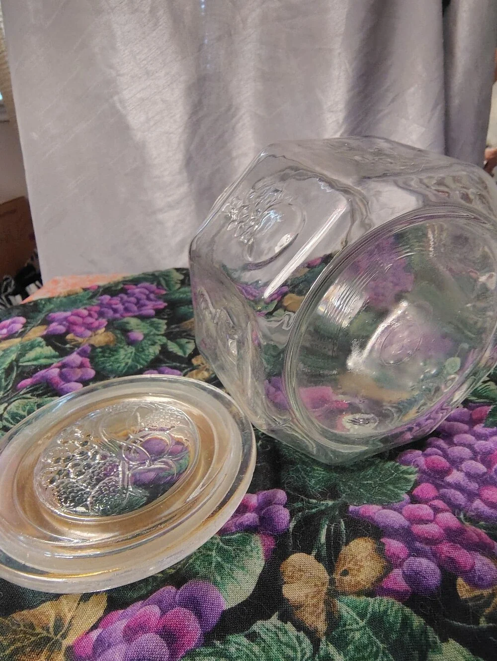 Vintage Embossed Grape Hexagon Glass Canister Jar with Lid